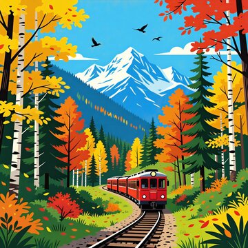 Red passenger train travels through colourful autumn forest towards snowy mountains. Blue sky, green trees, yellow leaves, scenic railway journey. Travel adventure in nature.