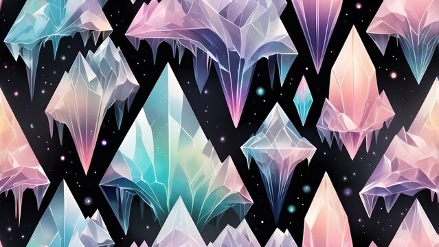 Seamless pattern of fantasy pastel crystals, ice formations, and geodes on dark background. Abstract texture, colorful, vibrant.