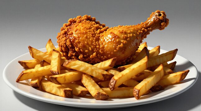Golden crispy fried chicken leg portion served with thick cut potato fries on white plate. Hot savory fast food meal, delicious comfort food snack, unhealthy calorie diet.