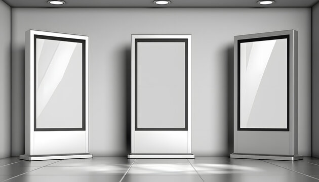 Three contemporary digital display units featuring blank panels. These touch-screen kiosks are situated indoors within a sleek space. Perfect for conveying information or guiding visitors.