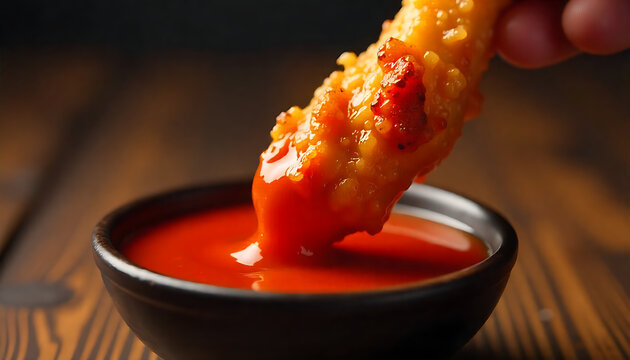 Hand dipping crispy fried chicken into spicy red sauce. Golden battered poultry coated in hot chili dip for fast food concept.