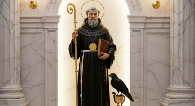 Statue of Saint Benedict of Nursia with Crozier, Holy Book, and Raven in a Marble Church Niche