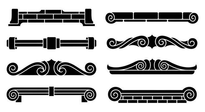 Architectural border vector silhouettes and classical decorative dividers. Black vintage scroll ornaments, brick wall patterns, and decorative headers isolated on white.