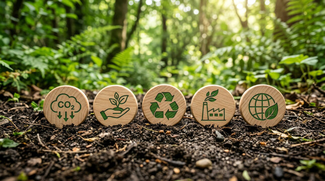 Sustainability icons on wooden blocks in forest, environmental conservation and carbon footprint concept, green ecology symbols on soil