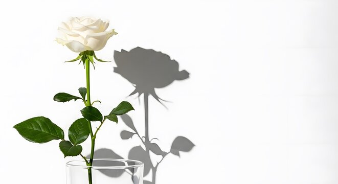 A single elegant white rose in a glass vase casting a sharp silhouette shadow against a clean white wall background.