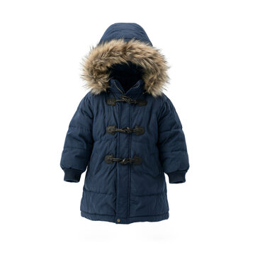 Jacket, parka, clothing, blue winter coat with faux fur hood hood displayed on a transparent background for retail fashion web design