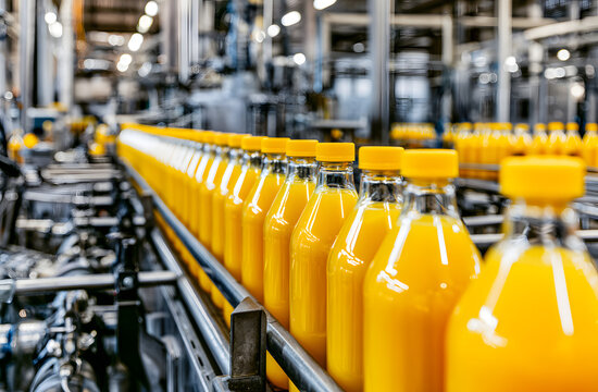 The automated production line fills glass containers with a beverage in the factory.
