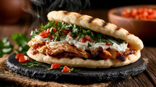 Grilled chicken sandwich with fresh chopped tomato and herbs topped with creamy white sauce served on toasted flatbread on rustic black stone plate