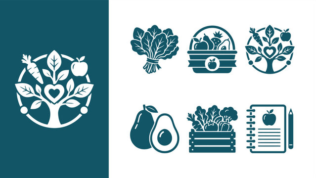 Healthy Eating and Nutrition Icon Set with Organic Food Logos. Flat vector illustration EPS 10.