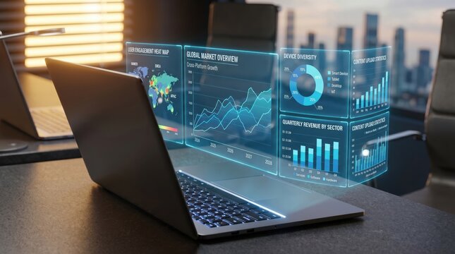 Futuristic laptop projecting holographic business analytics, global market overview charts, financial data visualization, and user engagement heat map on desk in modern office w...