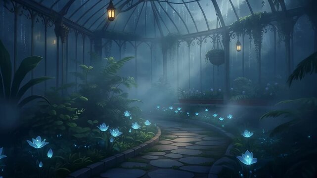 A glowing enchanted garden path winds through a mystical greenhouse filled with lush greenery and magical plants