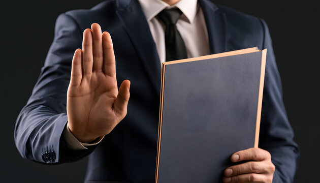 A man in a suit holds a folder and makes a stopping gesture. It's a statement of boundaries, saying no. It represents professional integrity, ethical considerations, legal advice, and a firm refusal.