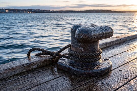 Rustic harbor mooring bollard wrapped with heavy rope on rain-darkened wooden pier, overlooking calm water and distant shoreline under warm sunset glow with soft reflections across surface