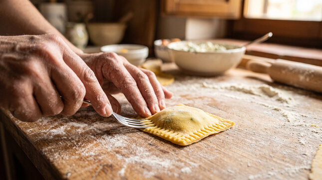 Hands sealing fresh ravioli with ricotta filling &mdash; Italian pasta making and culinary craft concept.
