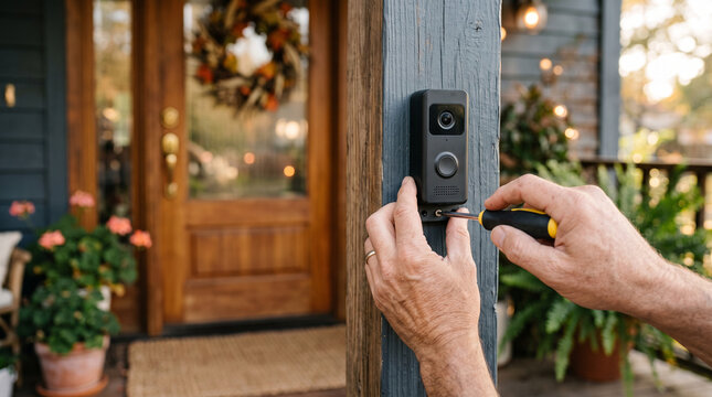 Hands installing a smart doorbell camera &mdash; home security and connected smart home technology concept.