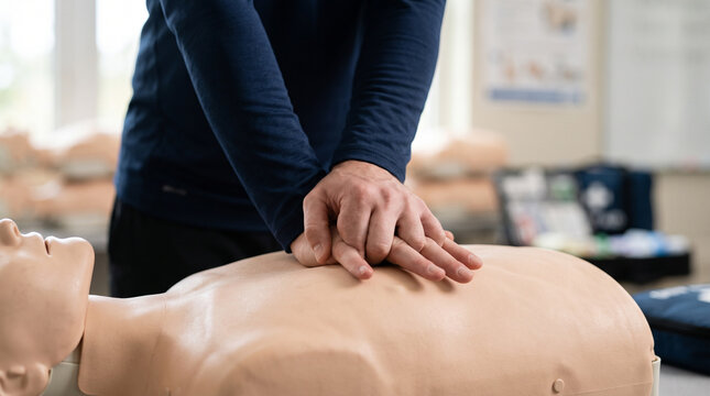 Hands performing CPR compressions on a training mannequin &mdash; first aid education and life-saving skill training concept.