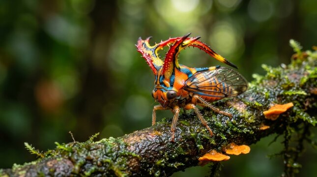 Exotic Treehopper Perched on Mossy Branch