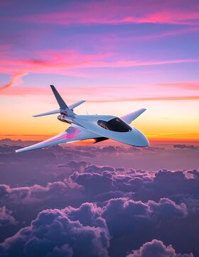 Futuristic aircraft soaring through sunset clouds.