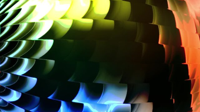 Abstract colorful wave pattern with rainbow light glass tiles and futuristic motion background 4k animation video, digital artwork featuring layered wavy tile patterns suitable for creative media art