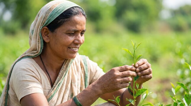 Indian Female Farmer Adjusting Plant Stem by Hand in Clean Agricultural Field, Sustainable Farming, Organic Agriculture, Rural Livelihood, Realistic Medium Close Up Portrait