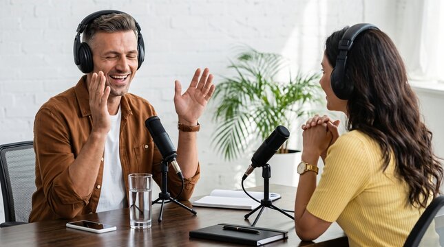 A cheerful male podcast host laughing and talking into a professional microphone during a studio interview.