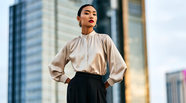 A lady wears a sophisticated satin blouse and dark trousers. An individual stands outside, facing cityscape buildings in the background. Suitable clothing for work or a professional meeting.