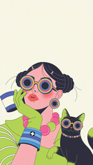 Fototapeta premium Cute stylish woman and cat duo vector background 
