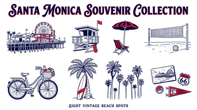 Santa Monica vintage beach souvenir collection featuring pier, lifeguard tower, and palm trees, retro hand-drawn vector icons for t-shirt design.