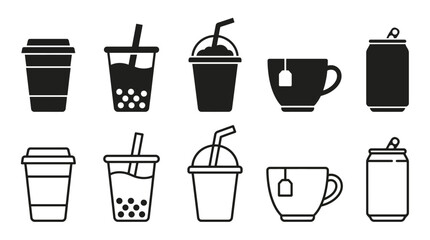 Obraz premium Coffee and Tea Beverage Vector Icons Set – Minimalist Drink Container Illustrations