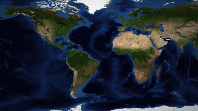 Animated World Map Showing Flight Route from Doha to Vancouver