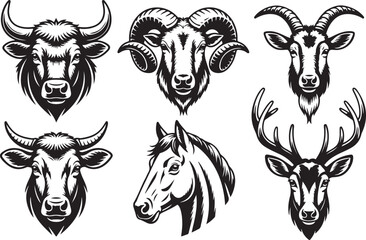 Fototapeta premium Livestock Animal Head Collection Black And White Vector Illustrations