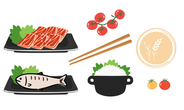 Cute food collection featuring rice in a traditional stone pot, grilled beef, whole fish, cherry tomatoes, chopsticks, and grain icons in flat vector style for menu.