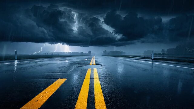 Stormy night with heavy rain lightning strikes illuminating wet empty road outdoors