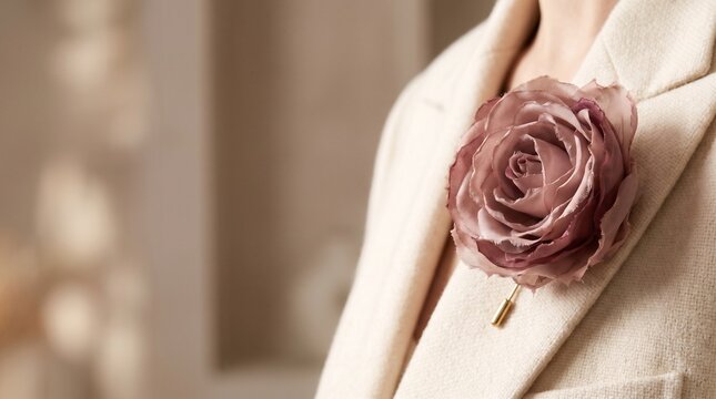 Close-up of rose flower accessory pinned on elegant clothing.