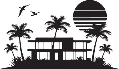 Obraz premium Miami House With Palm Trees And Sun Black Silhouette Vector