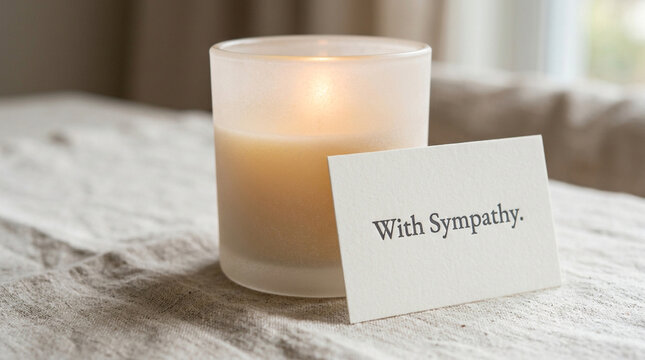 Sympathy card with burning candle on linen tablecloth, condolence message for funeral or grieving, memorial candle with with sympathy text