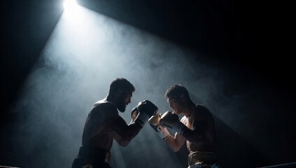 Fototapeta premium Intense boxing match between two male fighters in dark arena with dramatic spotlight