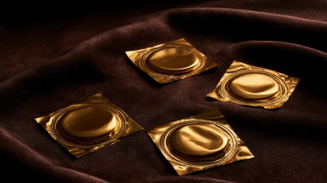 Close-up view of golden foil wrapped individual condom packets arranged on soft dark fabric background highlighting safe sex protection and personal health care