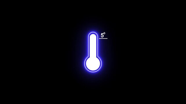 Neon thermometer animation showing cold temperature 5 degrees celsius on black background, glowing