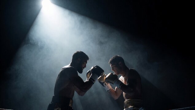 Intense boxing match between two male fighters in dark arena with dramatic spotlight