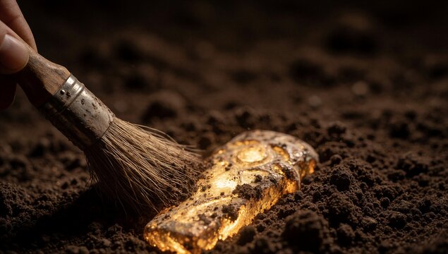 Close up of archaeologist using a brush to uncover a glowing ancient gold artifact