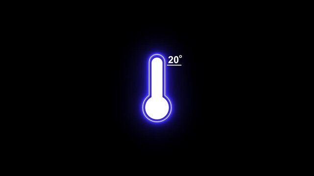 Neon thermometer animation showing 20 degrees celsius temperature gauge glowing blue