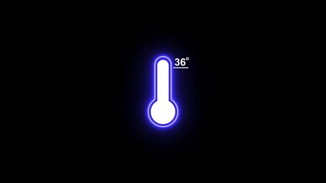 Neon glowing thermometer showing 36 degrees celsius temperature measurement animation weather