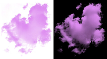 Purple fluffy cloud isolated on white and black background, pink cotton candy smoke texture, ethereal pastel nebula for creative design overlays © Mx 