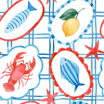 Seamless watercolor Mediterranean pattern. Whimsical wallpaper with lobster and lemons.