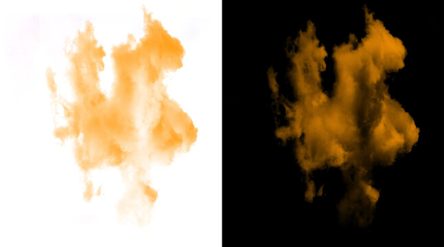 Orange smoke explosion on black and white background, vibrant fire cloud burst, abstract colored powder splash for design overlays