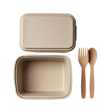 Plastic lunch box set with fork and spoon isolated on transparent background. PNG. Generated AI