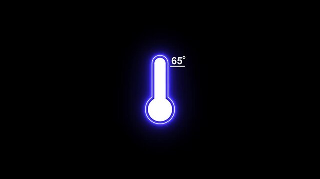 Neon thermometer animation with 65 degree temperature display on black background, weather climate