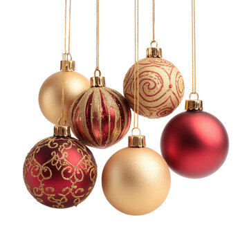 Set of shiny Christmas baubles on strings isolated on transparent background. PNG. Generated AI