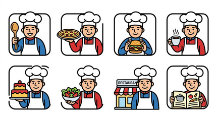 Fototapeta premium Colorful Chef Character Restaurant Mascot Icon Collection Vector